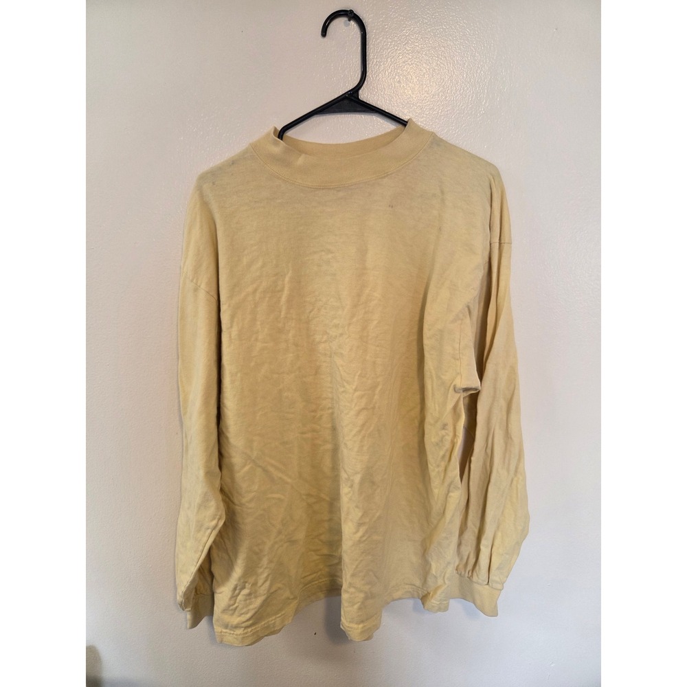Basic Editions Mens XL Yellow Mock Neck Long Sleeve Cotton T-Shirt Vintage Style